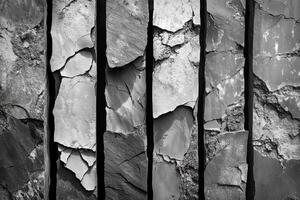 Monochrome view reveals fractured stone columns separated by dark fissures photo