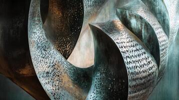 Abstract metal sculpture with textured surfaces and flowing curves photo