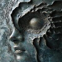 Sculpted face with exposed eye and textured surrounding surface photo