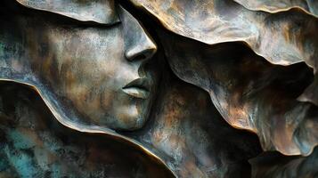 Bronze sculpted face in serene contemplation with flowing organic texture photo