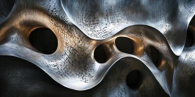 Abstract metallic sculpture with organic wavy forms and dark voids photo