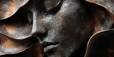 Sculpted face with closed eyes surrounded by flowing shapes photo