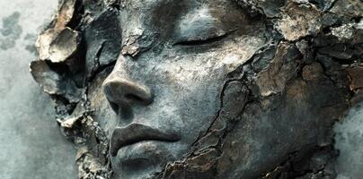 Stone face sculpture with closed eyes and cracked surface photo