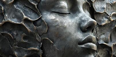 Close up of a metal face sculpture in profile photo