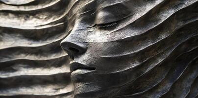 Sculpture of serene face with eyes closed and wavy texture photo