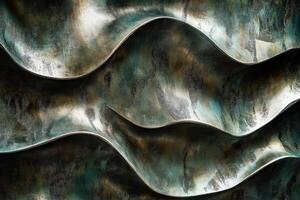Abstract metal artwork displays flowing waves with textured patterns photo