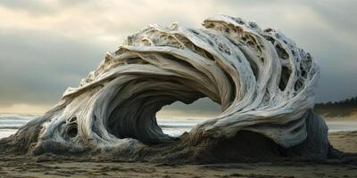 Sculptural driftwood formation creates an archway on a sandy beach photo