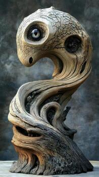 Abstract driftwood sculpture resembling a creature with a single eye photo