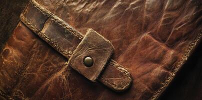 Close up of a worn brown leather strap with button photo