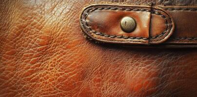 Detailed macro of an aged leather bag with metal fastener photo