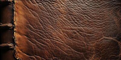 Close up of textured brown leather book cover showing spine photo