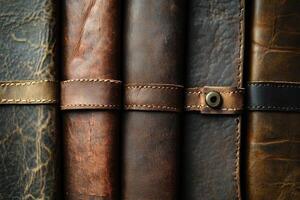 Close up view of several leather bound journals together photo