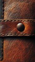 Close up shot of brown leather strap with button photo