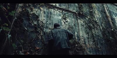 Man stands against a weathered wall covered in vegetation photo