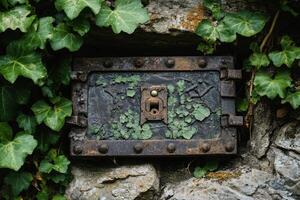 Weathered metal hatch on stone wall surrounded by ivy photo