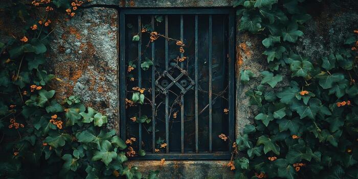 rallado ventana con hiedra y flores en un Roca pared foto