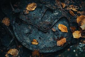 Abandoned rusty metal machinery adorned with autumnal leaves photo
