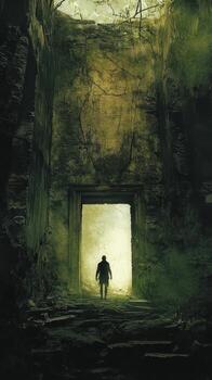 hombre camina hacia brillante ligero a el final de túnel foto