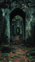 Archway of weathered stone leads through ruins and jungle photo