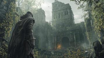 Hooded figure overlooks ancient temple ruins overgrown with plant life photo