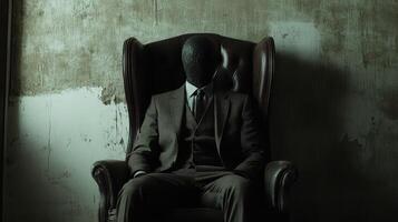 Mysterious figure with textured face sits in a dark armchair photo