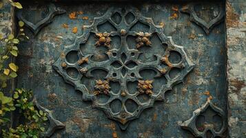 Ornate gray decoration with yellow specks and climbing vines photo