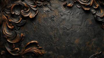 Ornate dark stone background with gilded scrollwork along the edges photo