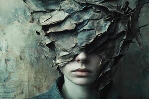 Portrait of a person obscured by weathered layered material photo