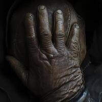 Hand pressed firmly against a weathered leather surface photo