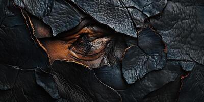 Abstract cracked black leather reveals a textured brown layer underneath photo