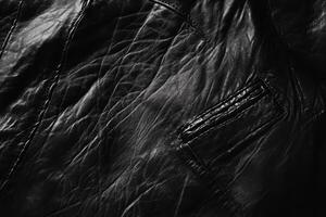 Close up photograph of a black leather jacket detail photo