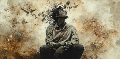 Contemplative man sits with crossed arms and looks upward photo
