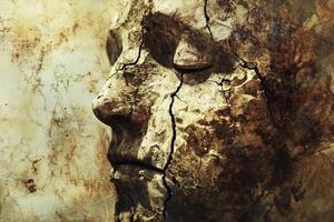 Cracked stone face profile shows signs of weathering and damage photo