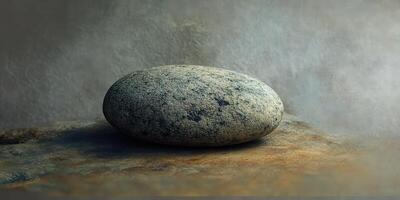 A smooth speckled stone sits on a rock surface photo