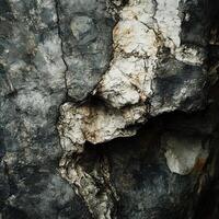 Textured rock face shows layers of gray and white photo