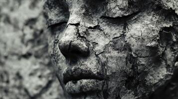 Cracked stone face of a serene and weathered statue photo
