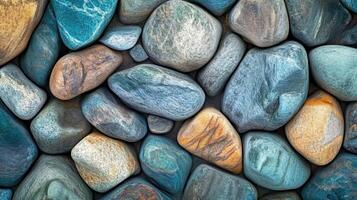 Colorful smooth river rocks filling the entire frame tightly photo