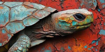Detailed artistic rendering of a turtle against a rusted background photo