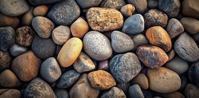 Variety of smooth natural river rocks filling the entire frame photo