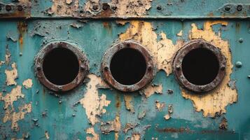 Three circular openings punctuate a rusted and peeling metal surface photo