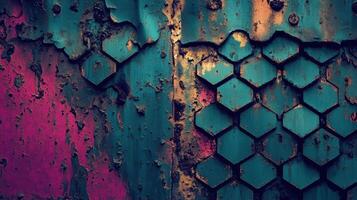 Weathered metal surface with honeycomb pattern and paint remnants photo