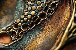 Macro shot reveals intricate bronze texture with circular formations photo