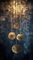 Golden textured discs suspended by delicate strings against a textured background photo