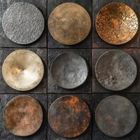 Nine decorative circular metallic art pieces arranged on square tiles photo