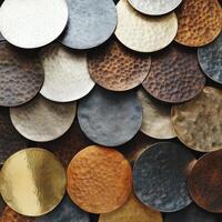 Circular metal discs create a patterned and textured background photo