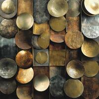Metallic textured circles and squares create an abstract arrangement photo