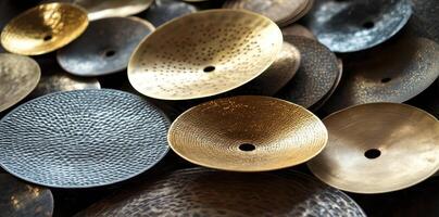 Diverse collection of textured metal cymbals creates abstract patterns photo