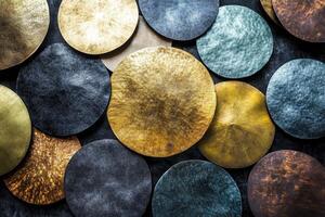 Assorted textured metallic discs arranged in overlapping patterns create depth photo
