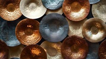 Assorted cymbals of different metallic colors create an abstract pattern photo