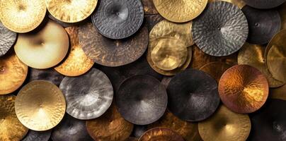 An overhead arrangement displays multiple metal cymbal instruments close together photo